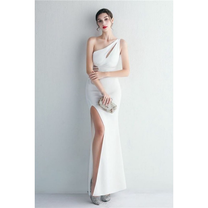 Elegant One Side Off Shoulder with High Slit Gowns (White) (Made To Order)