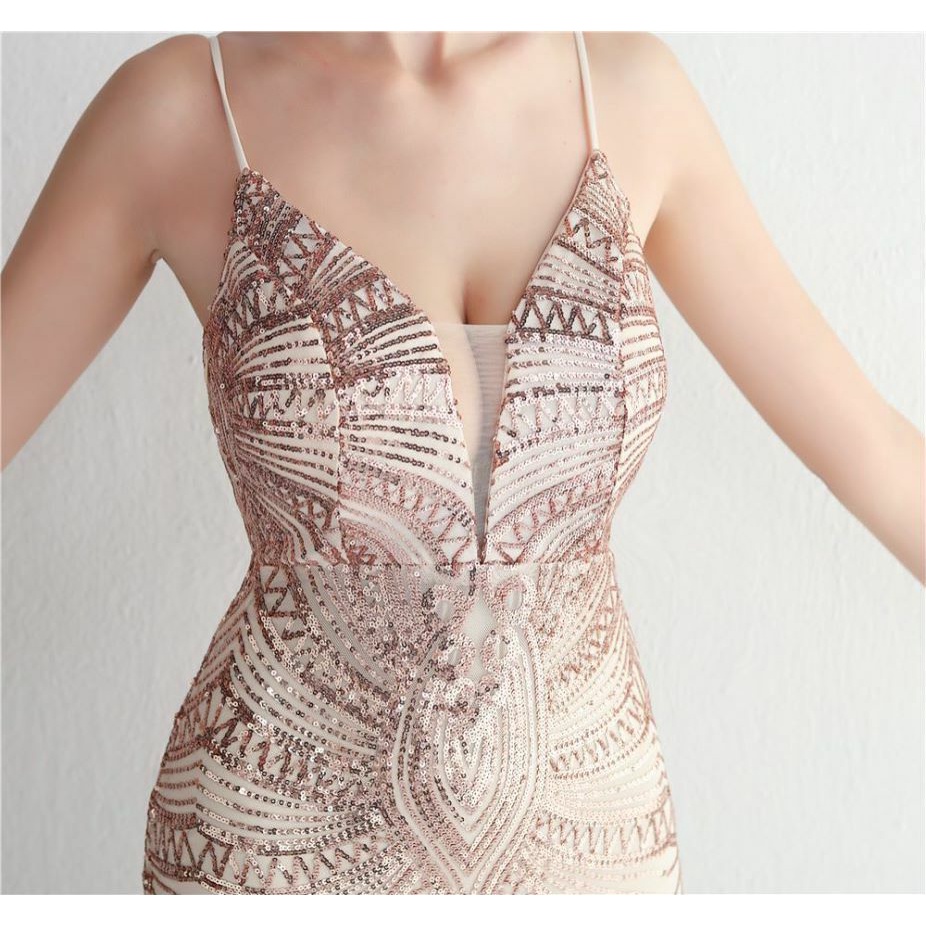 Low Back Spaghetti Mermaid Evening Gown (Gold) (Made To Order)