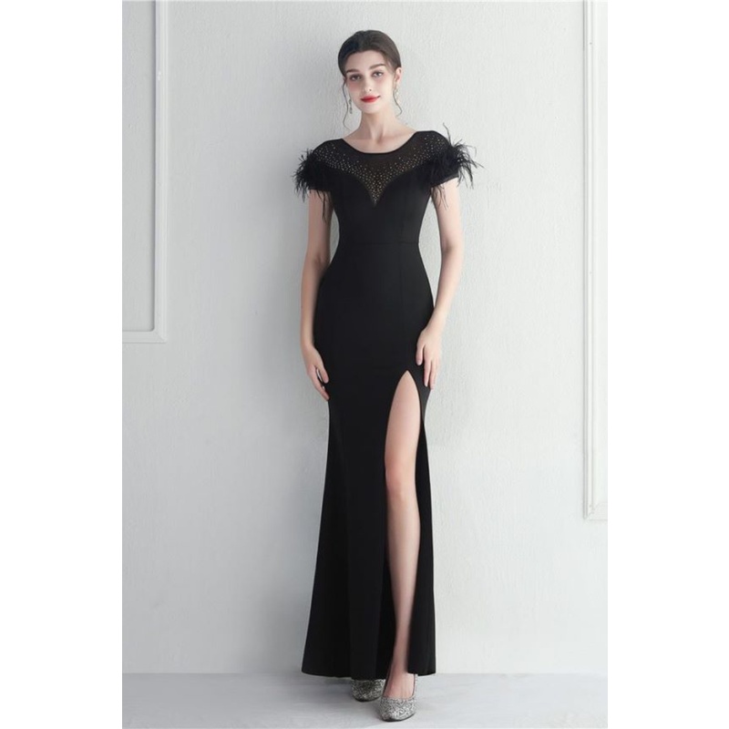 Short Sleeve with Feather Slim Cut Evening Gowns (Black) (Made To Order)