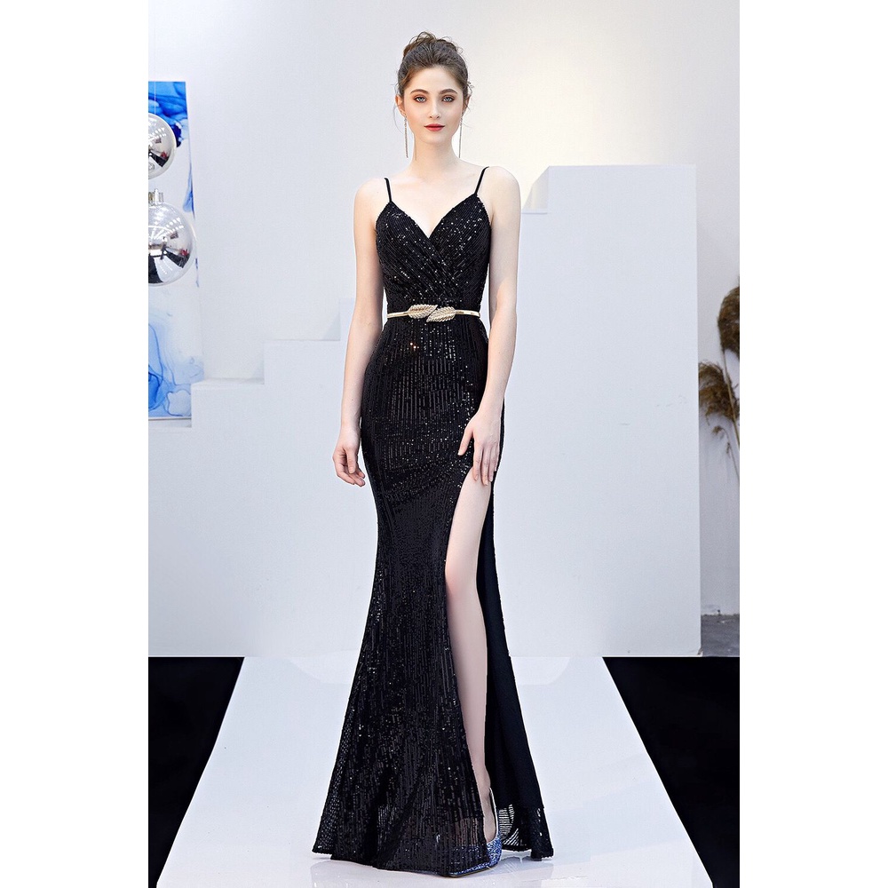 Sexy High Slit Long Evening Gown (Black) (Made To Order)