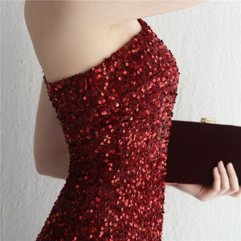 One Side Off Shoulder Sequins Slit Evening Gown (Burgundy) (Made To Order)