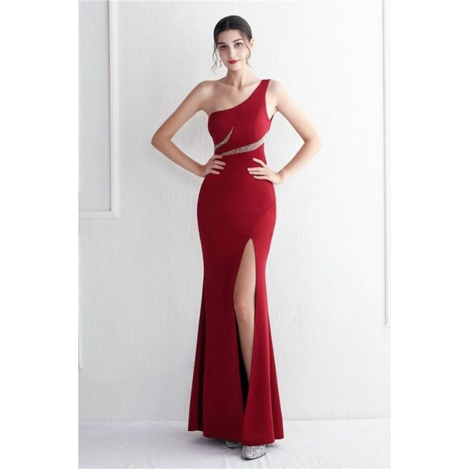 Elegant One Side Off Shoulder with High Slit Gowns (Maroon) (Made To Order)