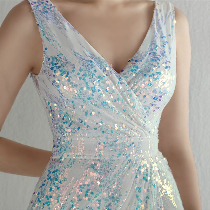 Multicolors Sequins V-Neck High Slit Evening Gown (White) (Made To Order)