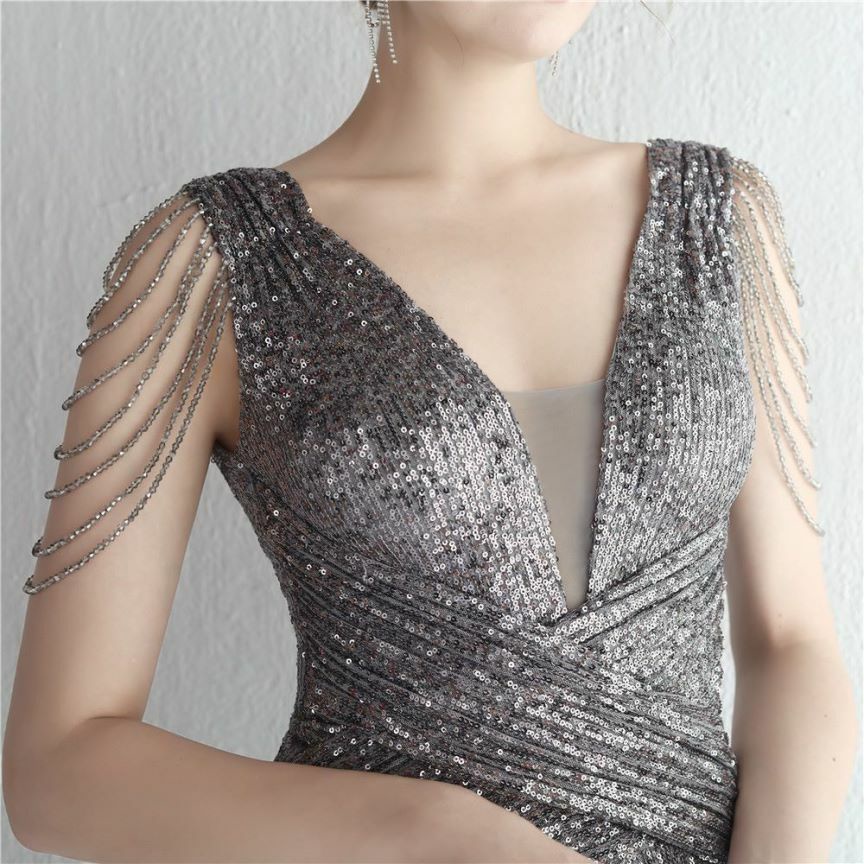 Illusion V-Neck Folded Waist Evening Gown (Silver) (Made To Order)