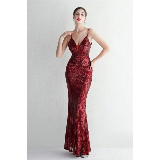 Low Back Spaghetti Mermaid Evening Gown (Red) (Made To Order)