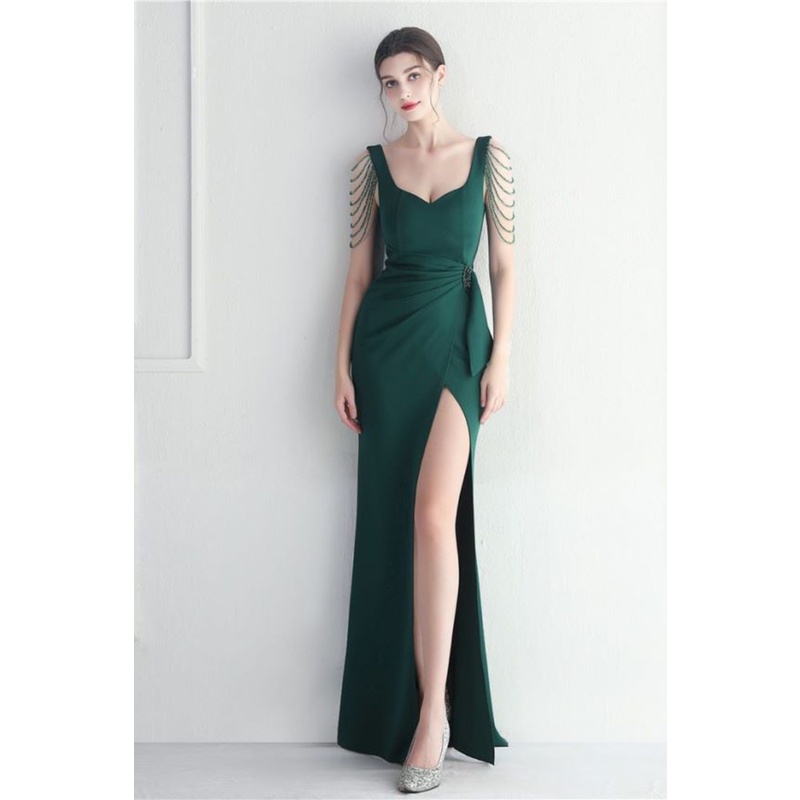 Fashion Sleeve on Sweetheart Neckline With High Slit Evening Gown (Green) (Retail)
