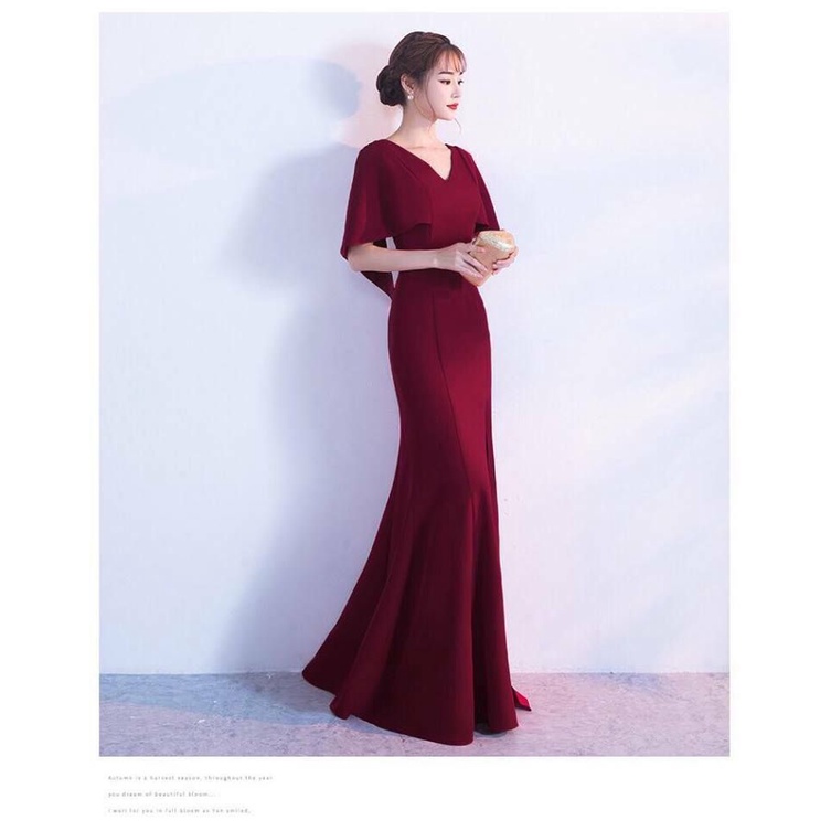 Elegant V-Neck High Slit Evening Dress (Maroon) (Retail)