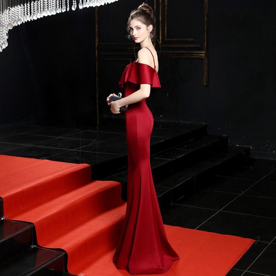 Spaghetti Strap Cold Shoulder Mermaid Gown (Burgundy) (Made To Order)