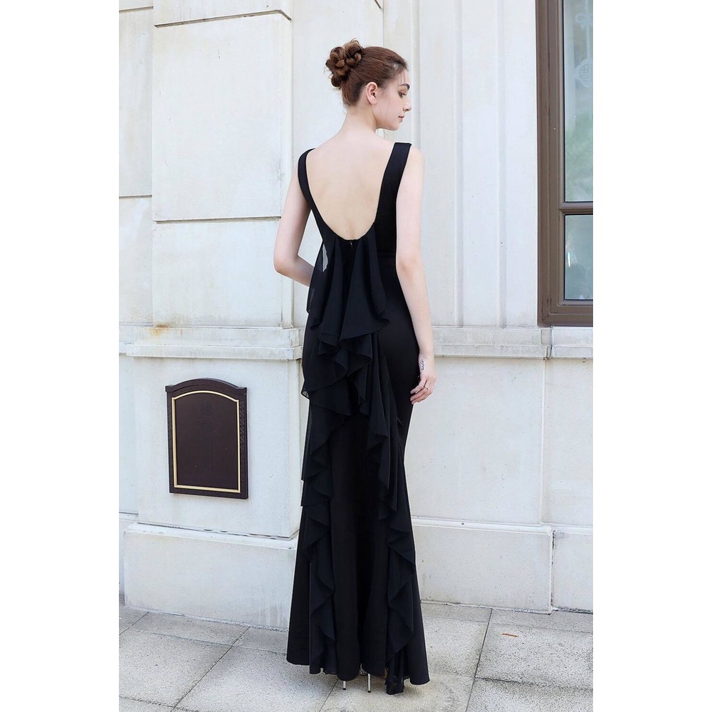 Backless Long Mermaid Evening Gown (Black) (Made To Order)