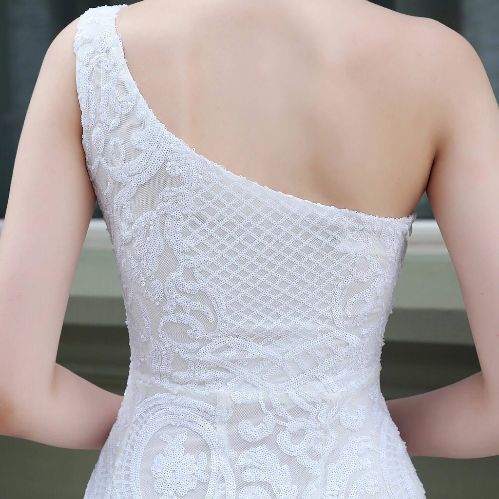 One Side Shoulder Sequins Mermaid Evening Gown (White) (Made To Order)