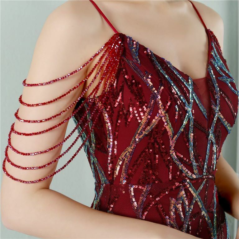 Spaghetti Pattern Sequins Mermaid Evening Gown (Maroon) (Made To Order)