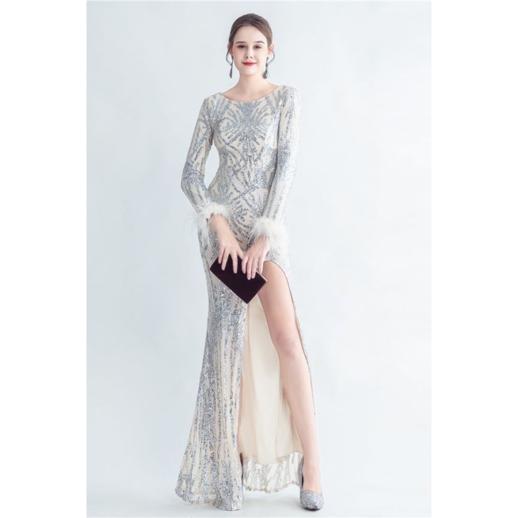 Long Sleeve Feather Cuff With High Slit Sequins Gown (Silver) (Made To Order)