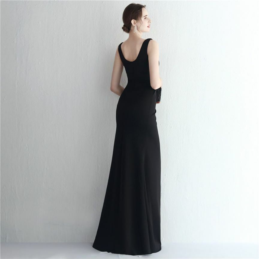 Sweetheart Overlap Slit Evening Gown (Black) (Made To Order)