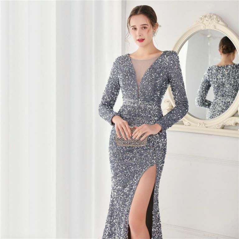 Long Sleeve Illusion V-Neck Evening Gowns (Silver) (Made To Order)