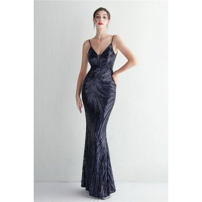 Low Back Spaghetti Mermaid Evening Gown (Navy Blue) (Made To Order)