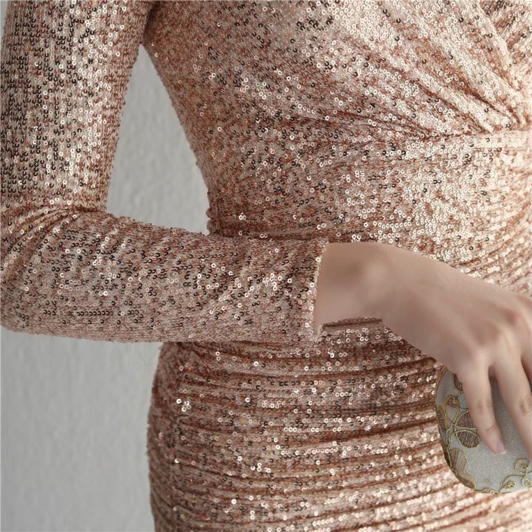 Long Sleeve Sequins Fitted Dress (Rose Gold) (Retail)