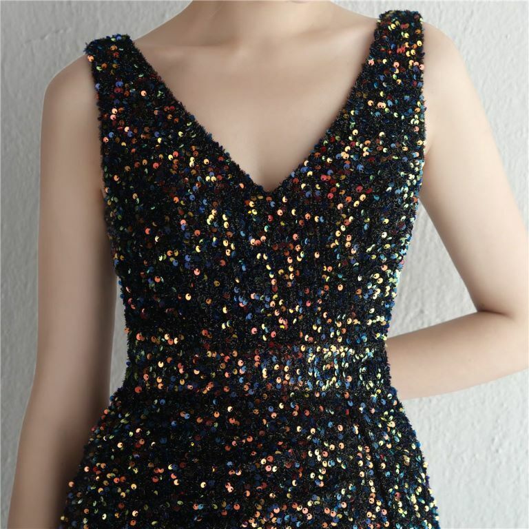Sleeveless V-Neck Overlap Slit Evening Gown (Black) (Retail)