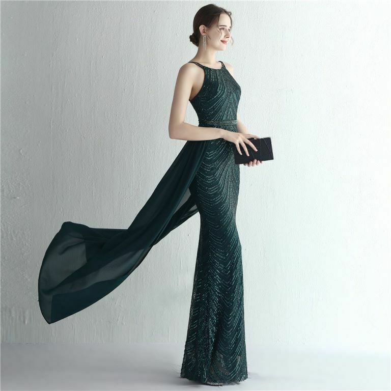Halter Sequins with Cape Skirt in Mermaid Style Evening Gowns (Green) (Retail)