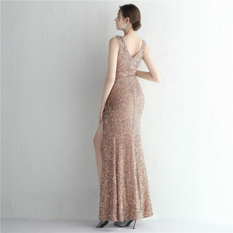 Sleeveless V-Neck Overlap Slit Evening Gown (Gold) (Made To Order)