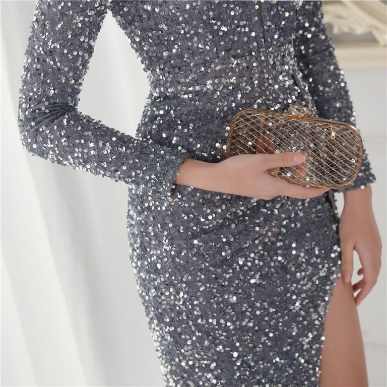 Long Sleeve Illusion V-Neck Evening Gowns (Silver) (Made To Order)