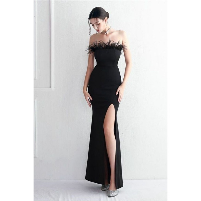 Strapless Feather Bodycon Evening Gown (Black) (Made To Order)