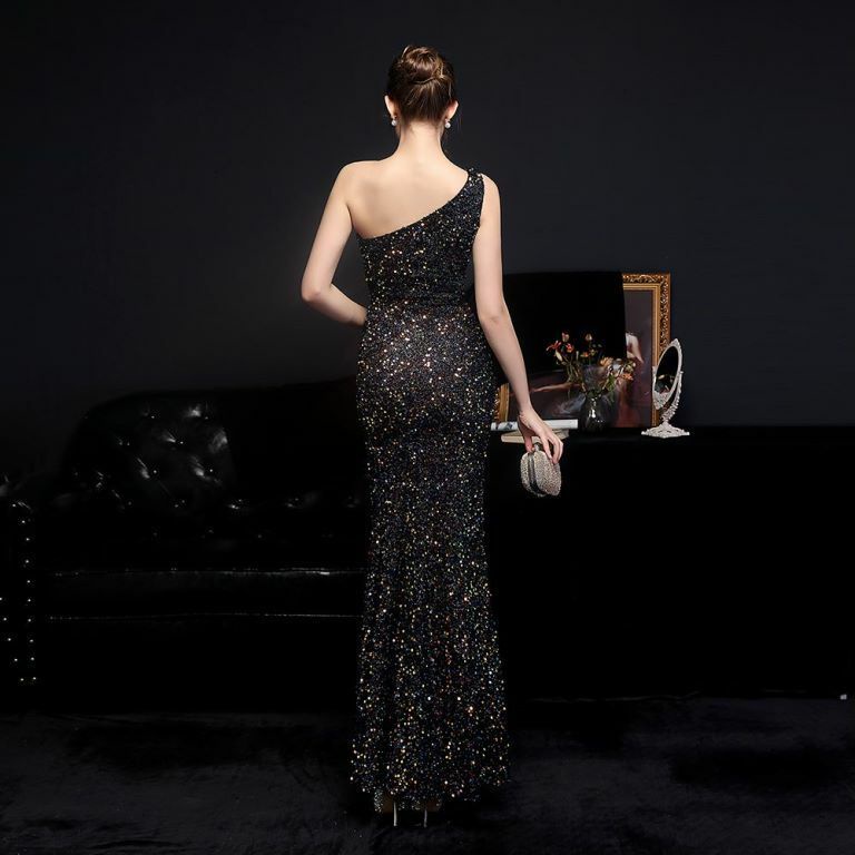 Beads One Side Off Shoulder Sequins Evening Gown (Two Tone Black) (Made To Order)