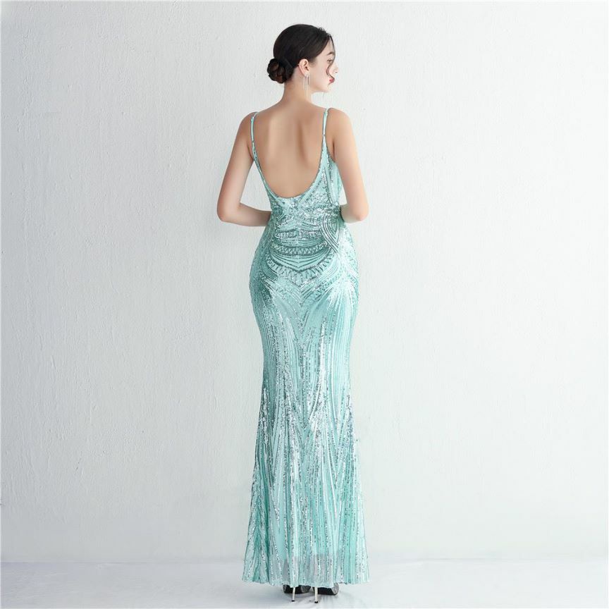 Low Back Spaghetti Mermaid Evening Gown (Light Green) (Made To Order)