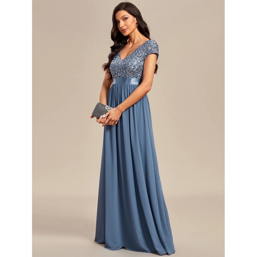Short Sleeves Sequins A-Line Evening Gown (Dusty Navy) (Retail)