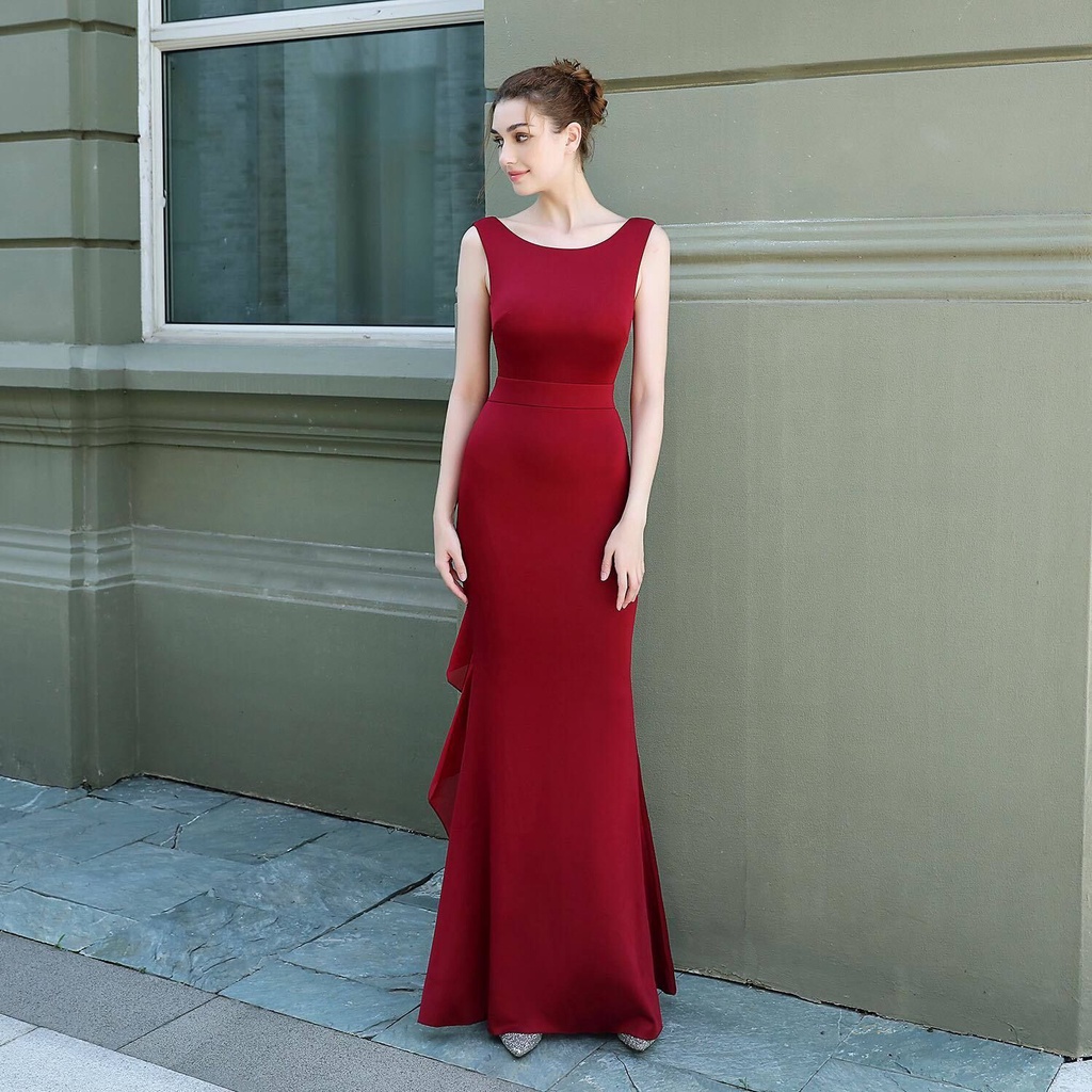 [MTO] Backless Long Mermaid Evening Gown - Burgundy