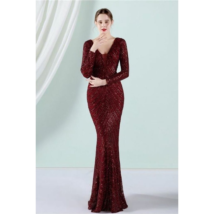Long Sleeve Sequins Mermaid Evening Gown (Maroon) (Made To Order)