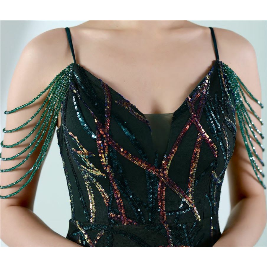 Spaghetti Pattern Sequins Mermaid Evening Gown (Green) (Made To Order)