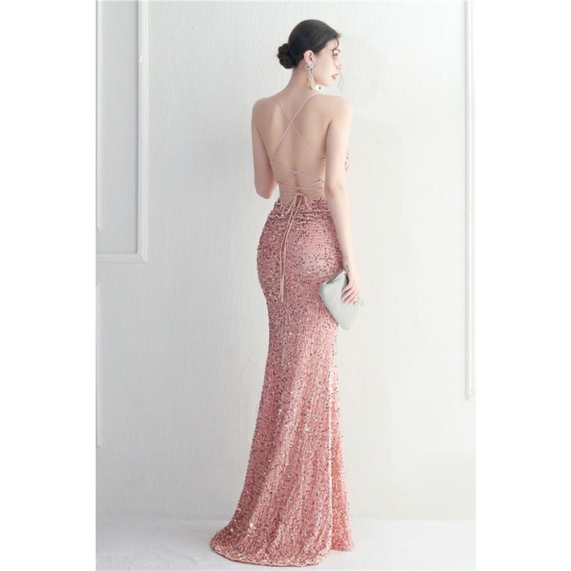 Back Cross String Sequins With Slit Evening Gown (Pink) (Made To Order)
