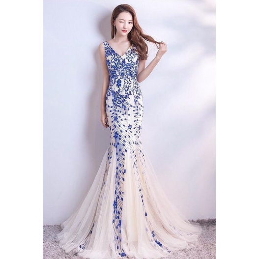 V-Neck Blue Sequins Mermaid Long Gown (Made To Order)