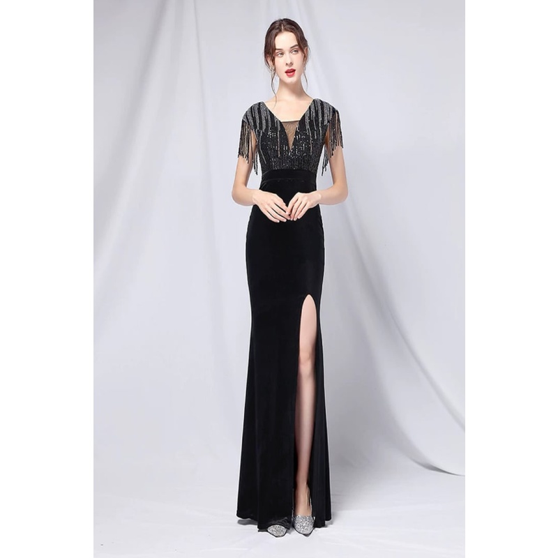 Short Sleeve Sequins Fitted Evening Gown (Black) (Made To Order)