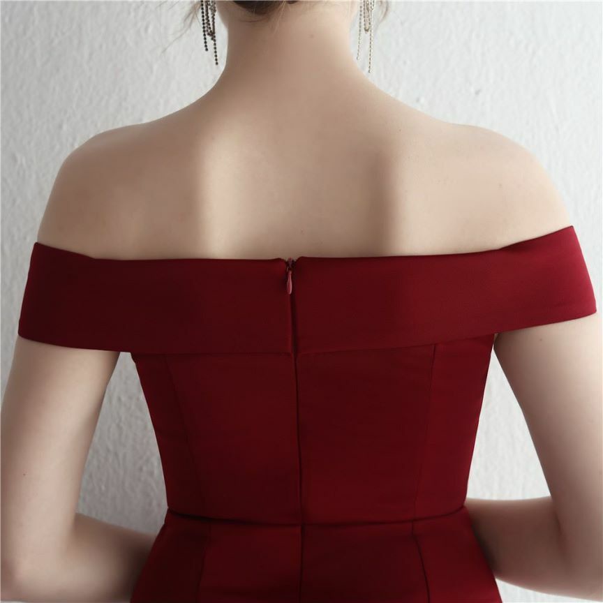 Off Shoulder Twist Slim Mermaid Long Evening Gown (Maroon) (Made To Order)
