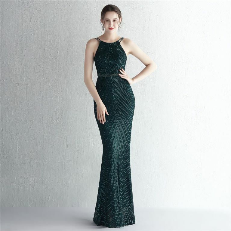 Halter Sequins with Cape Skirt in Mermaid Style Evening Gowns (Green) (Made To Order)