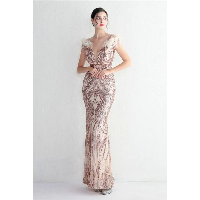 Elegant Off Shoulder Feather Mermaid Evening Gown (Gold) (Made To Order)