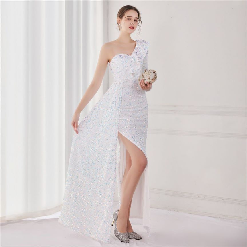 Ruffles One Side Long Sleeve  Sequins Evening Gown (White) (Made To Order)