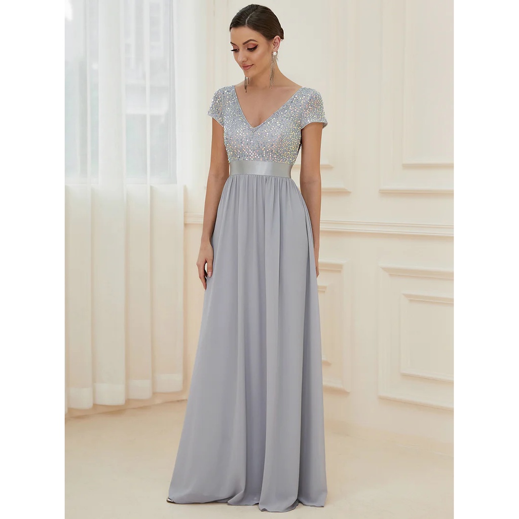 Short Sleeves Sequins A-Line Evening Gown (Silver) (Made To Order)