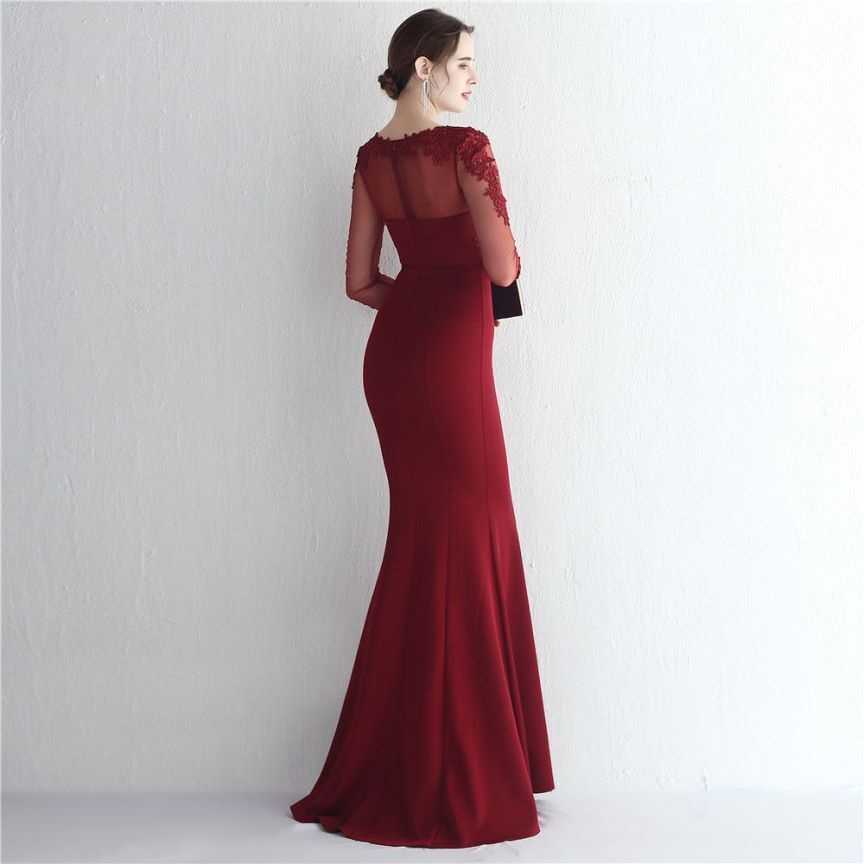 Elegant Long Sleeve Lace Mermaid Evening Gown (Maroon) (Retail)