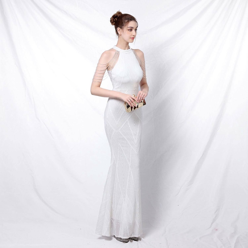 Sequins Halter Neck with Beads Mermaid Long Gown (White) (Retail)