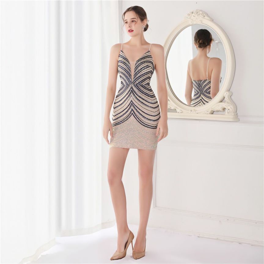 Spaghetti Strap Sequins Mini Dress (Silver Blue) (Made To Order)