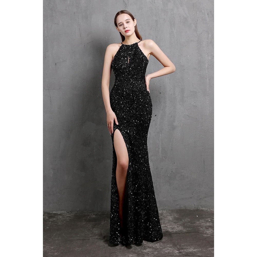 Elegant Halter Sequins Mermaid Gown (Black) (Made To Order)