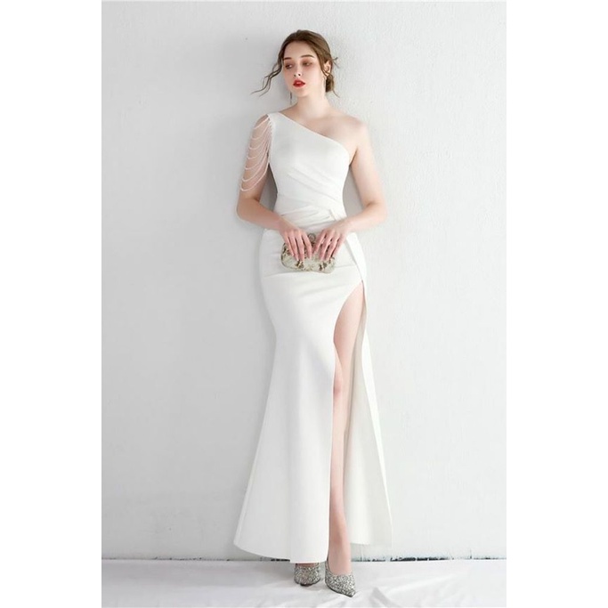 One Side Off Shoulder with Beads Arm Evening Dress (White) (Made To Order)