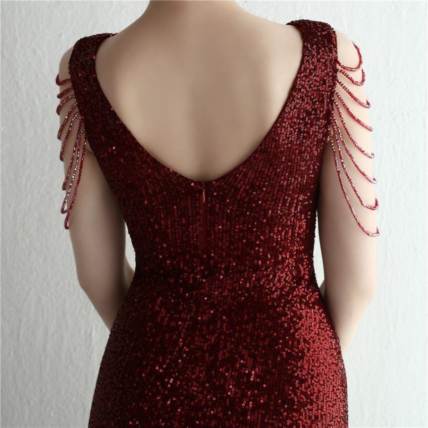 Illusion V-Neck Folded Waist Evening Gown (Maroon) (Made To Order)