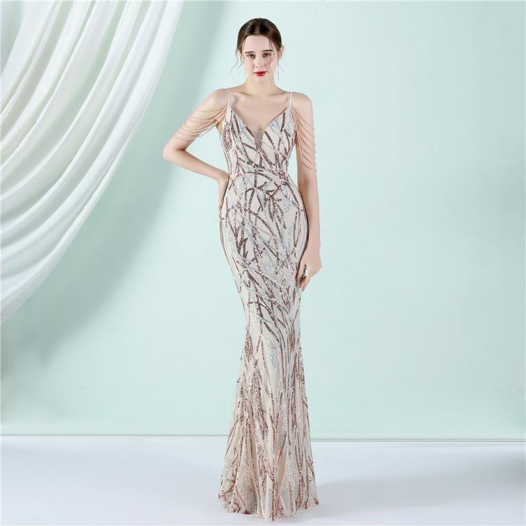 Spaghetti Pattern Sequins Mermaid Evening Gown (Rose Gold) (Made To Order)
