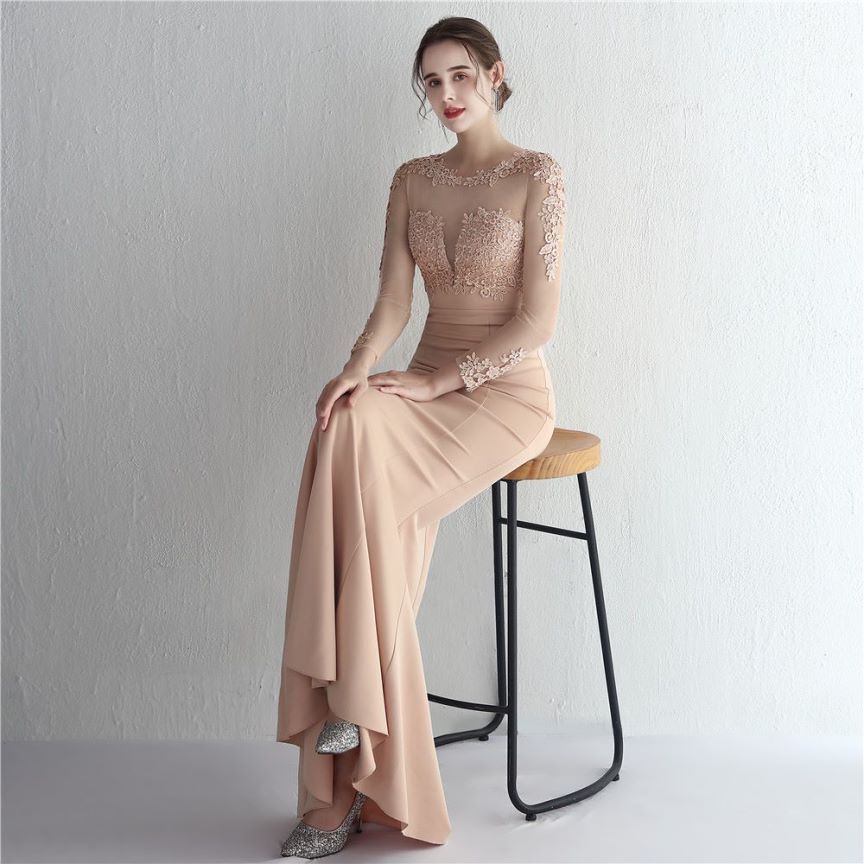 Elegant Long Sleeve Lace Mermaid Evening Gown (Beige) (Made To Order)