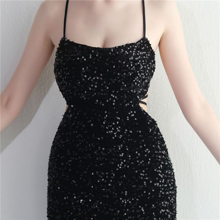 Back Cross String Sequins With Slit Evening Gown (Black) (Made To Order)