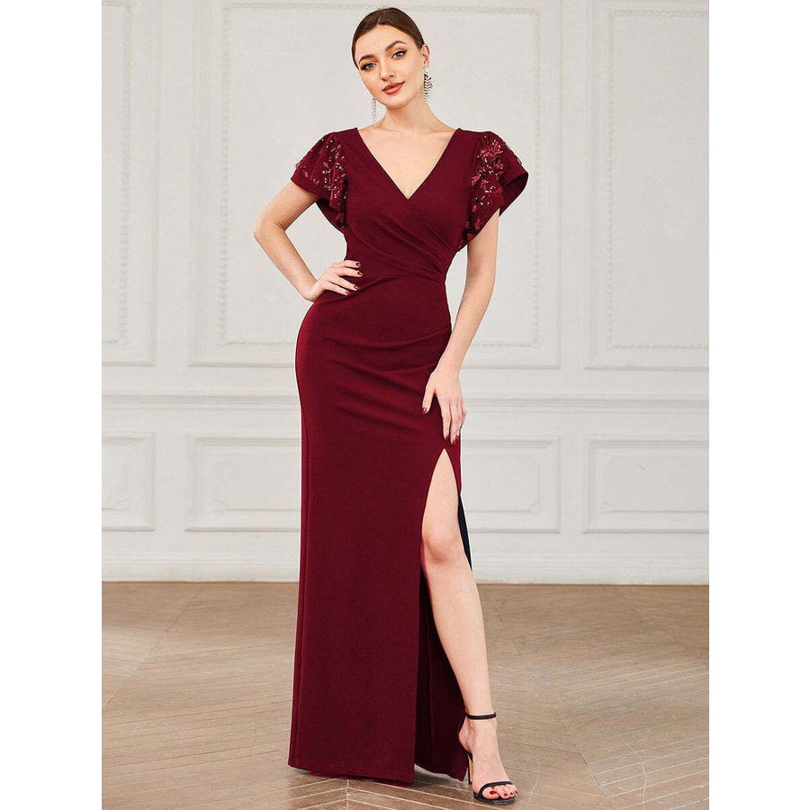 Deep V Neck Pencil Split Flare Sleeve Evening Gowns (Maroon) (Retail)