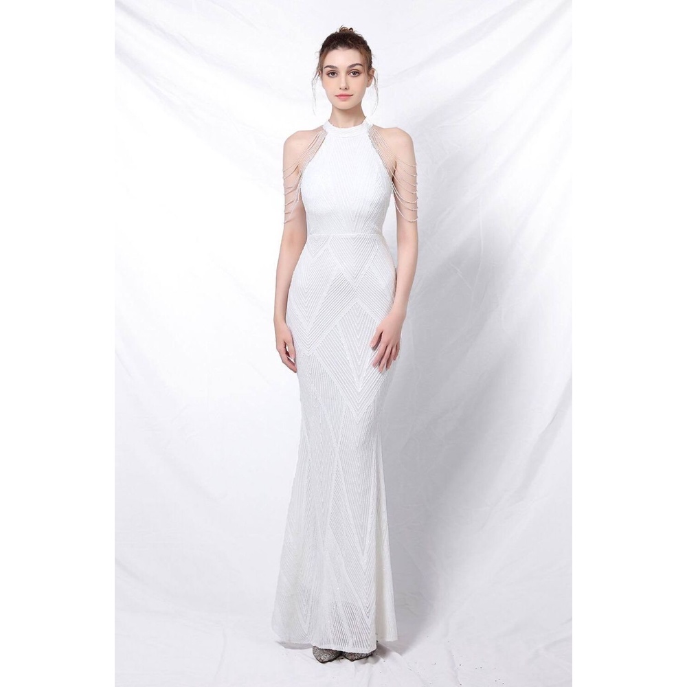 Sequins Halter Neck with Beads Mermaid Long Gown (White) (Retail)